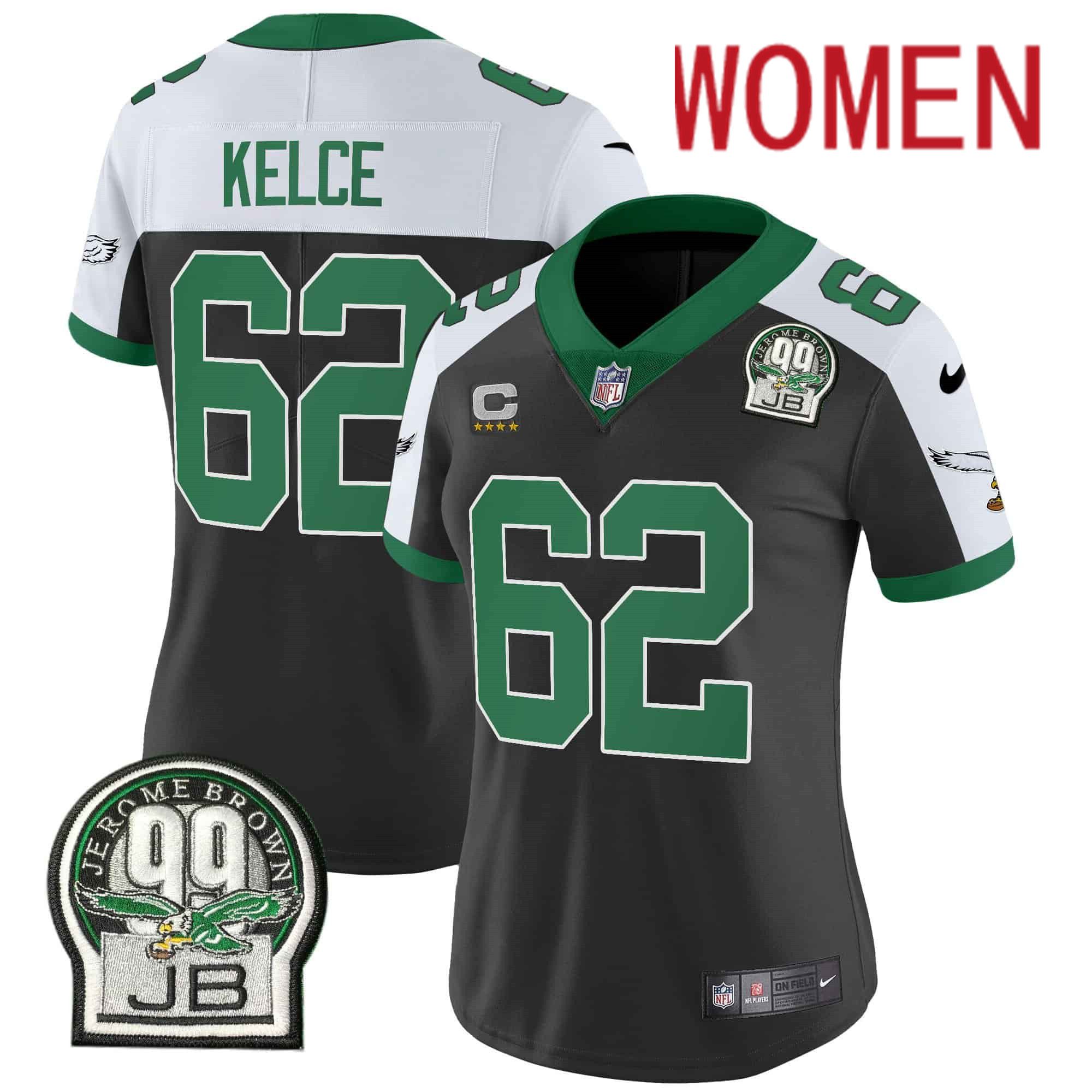 Women Philadelphia Eagles #62 Kelce Black 2024 Nike Jerome Brown Patch Alternate Limited NFL Jersey